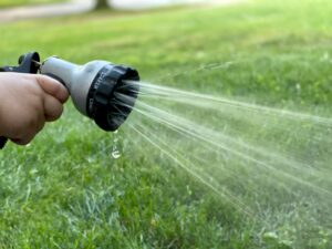 A hose watering the garden during the summer